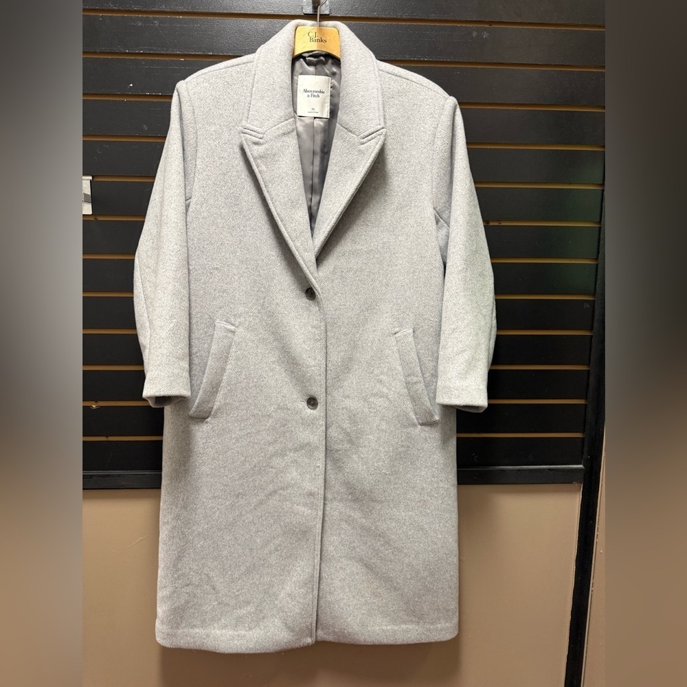 Abercrombie & Fitch Wool Blend Long Coat XL Gray Tailored Overcoat 35% Wool